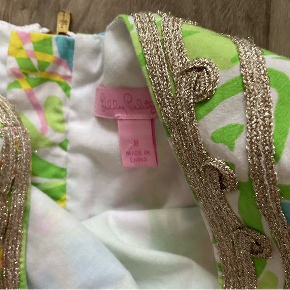 Girls Lilly Pulitzer Green Floral Leaf Printed Gold Trim Cotton Shift Dress 8 - Picture 3 of 4